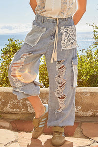 POL Crochet Patched and Distressed Jogger Pants in Denim ON ORDER Pants POL Clothing   