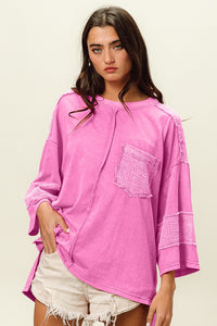 BiBi Solid Color Jersey Knit and Gauze Top in Pink