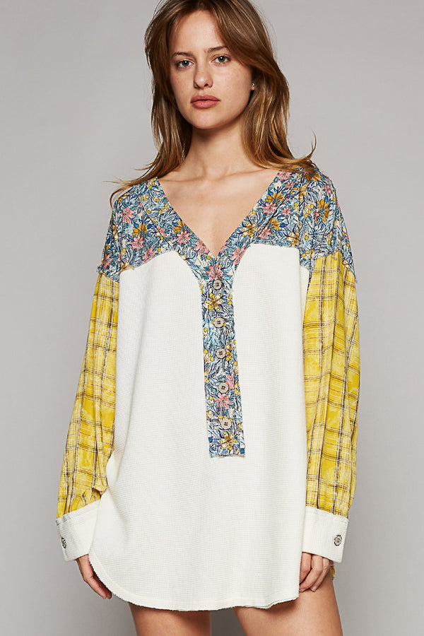 POL Contrasting Fabric Top in Cream/Yellow Multi Shirts & Tops POL Clothing   