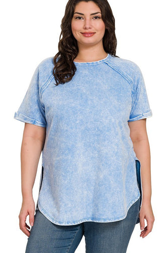 Acid Washed French Terry Raglan Top in Deep Sky ON ORDER Shirts & Tops Zenana   