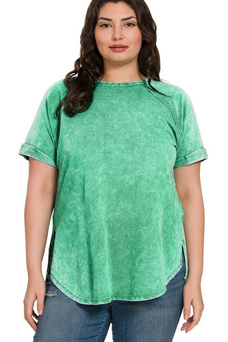Acid Washed French Terry Raglan Top in Kelly Green Shirts & Tops Zenana   