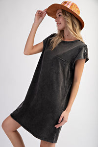 Easel Mineral Washed Cotton Knit Dress in Black