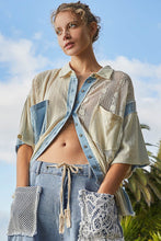 Load image into Gallery viewer, POL Oversized Thermal and Lace Button Down Top in Denim Multi Shirts &amp; Tops POL Clothing   
