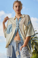 POL Oversized Thermal and Lace Button Down Top in Denim Multi Shirts & Tops POL Clothing   