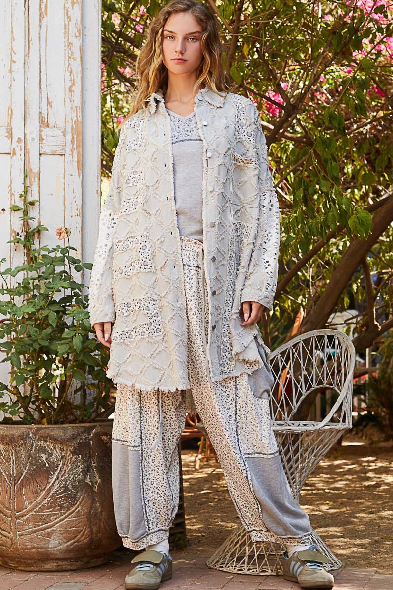 POL OVERSIZED Textured Denim Shacket with Open Crochet and Floral