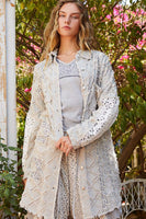 POL OVERSIZED Textured Denim Shacket with Open Crochet and Floral Print Patches in Denim Floral Multi