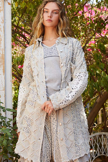 POL OVERSIZED Textured Denim Shacket with Open Crochet and Floral Print Patches in Denim Floral Multi