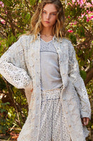 POL OVERSIZED Textured Denim Shacket with Open Crochet and Floral Print Patches in Denim Floral Multi