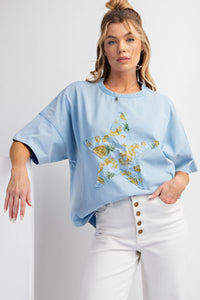 Easel Front Star Patched Pineapple Print Top in Peri Blue Shirts & Tops Easel   