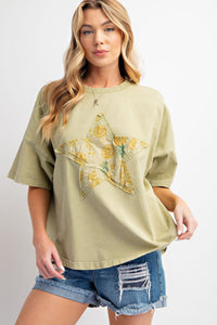 Easel Front Star Patched Pineapple Print Top in Sage Shirts & Tops Easel   