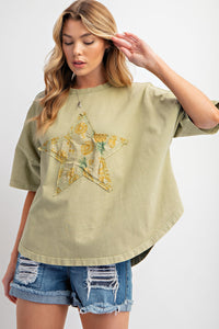 Easel Front Star Patched Pineapple Print Top in Sage Shirts & Tops Easel   