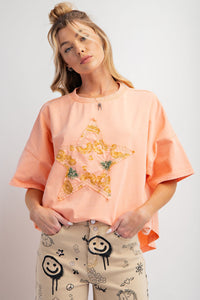 Easel Front Star Patched Pineapple Print Top in Cantaloupe Shirts & Tops Easel   