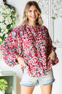 First Love Crinkle Floral Print Button Down Top in Red Multi