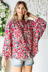 First Love Crinkle Floral Print Button Down Top in Red Multi