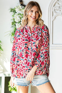 First Love Crinkle Floral Print Button Down Top in Red Multi