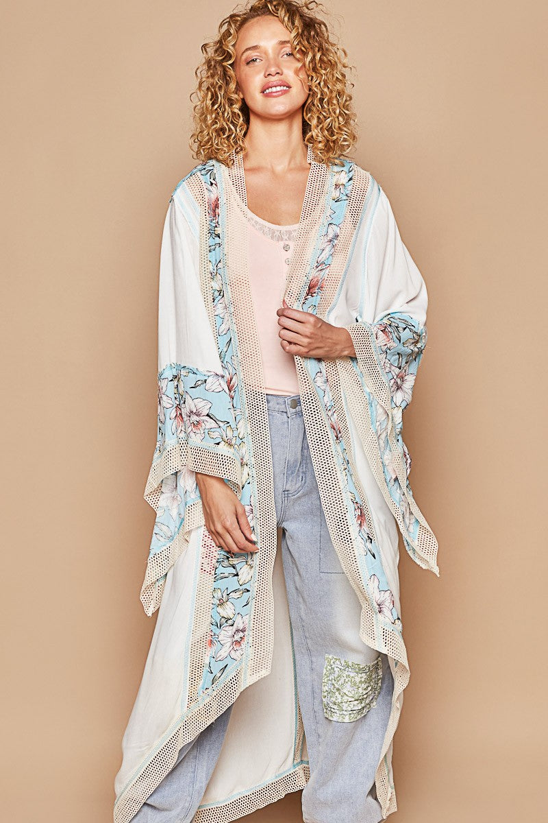 POL Open Front Hi Low Cardigan in White/Blue