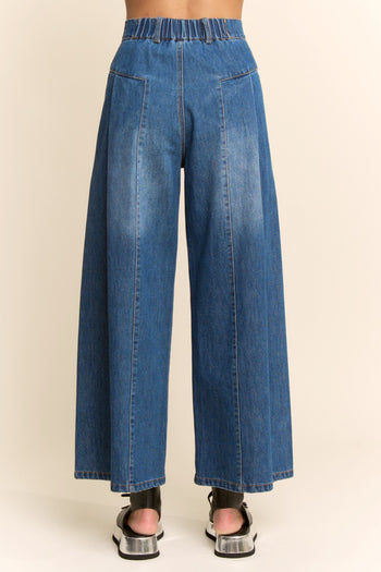 Davi & Dani High Waisted Front Slit Wide Leg Pants in Denim