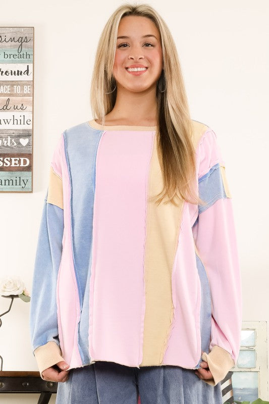 BlueVelvet Colorblock Terry Knit Top in Pink Combo Shirts & Tops BlueVelvet   