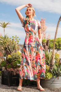 Lime 'N' Chili Abstract Print Maxi Dress in Fuchsia Combo