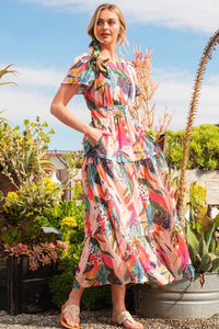 Lime 'N' Chili Abstract Print Maxi Dress in Fuchsia Combo