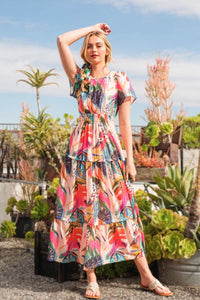 Lime 'N' Chili Abstract Print Maxi Dress in Fuchsia Combo