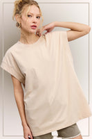 La Miel Solid Color Mineral Washed Basic Top in Almond Milk