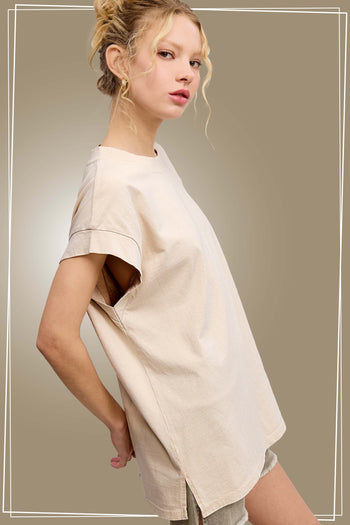 La Miel Solid Color Mineral Washed Basic Top in Almond Milk