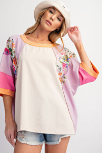 Easel Mixed Print Color Block Top in Lilac Dough Shirts & Tops Easel   