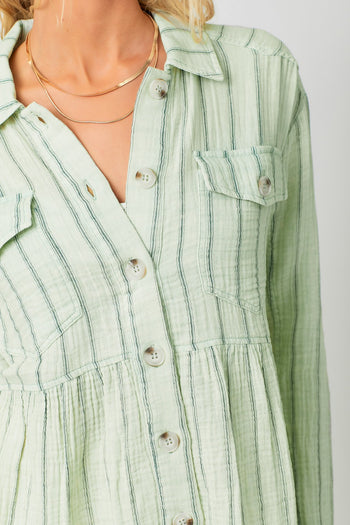Mystree Washed Peplum Striped Top in Light Sage