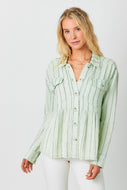 Mystree Washed Peplum Striped Top in Light Sage