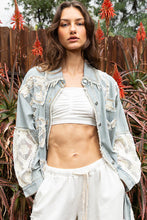 Load image into Gallery viewer, POL Oversized Distressed Crochet Patch and Denim Shacket in Striped Denim/Ivory
