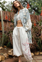 Load image into Gallery viewer, POL Oversized Distressed Crochet Patch and Denim Shacket in Striped Denim/Ivory
