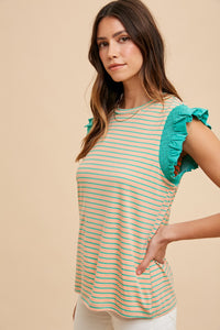 AnnieWear Striped Knit Top in Peach/Emerald Shirts & Tops AnnieWear   