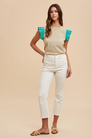 AnnieWear Striped Knit Top in Peach/Emerald Shirts & Tops AnnieWear   