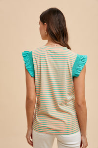 AnnieWear Striped Knit Top in Peach/Emerald Shirts & Tops AnnieWear   