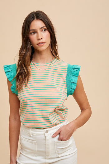 AnnieWear Striped Knit Top in Peach/Emerald Shirts & Tops AnnieWear   