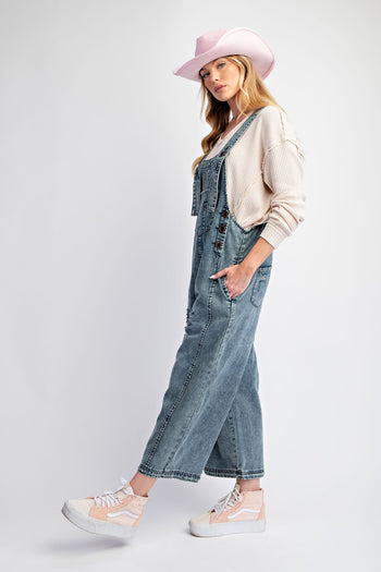 Easel Loose Fit Overalls in Washed Denim