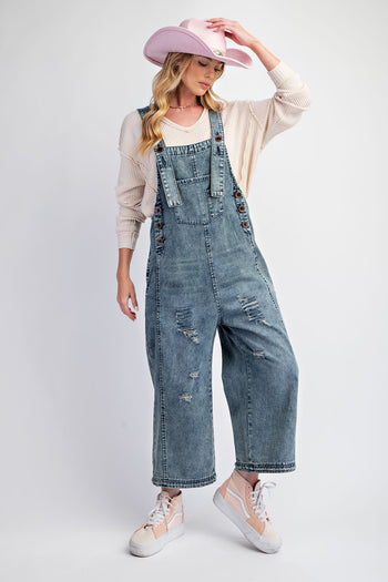 Easel Loose Fit Overalls in Washed Denim