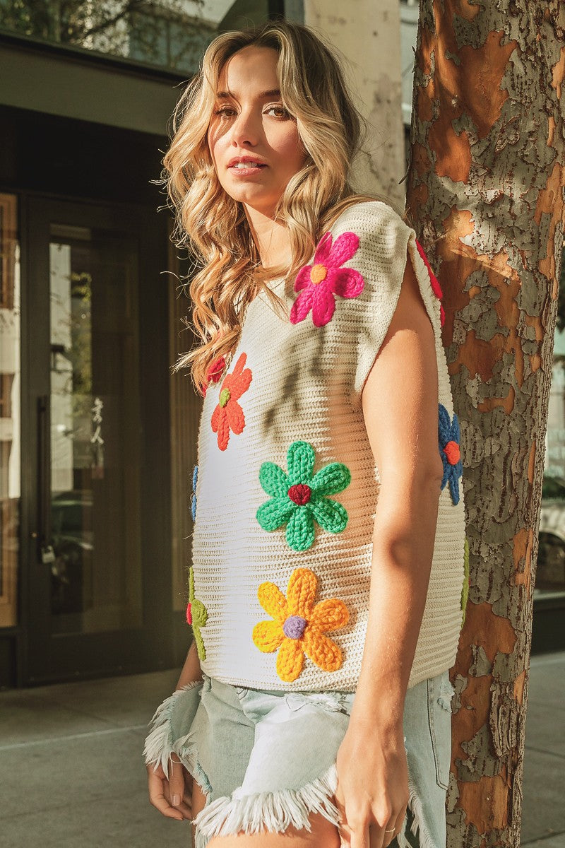 BiBi Crochet Flower Embroidery Sleeveless Top in Ivory Multi Shirts & Tops BiBi   