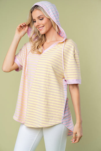 White Birch Striped Hooded Top in Pink Combo