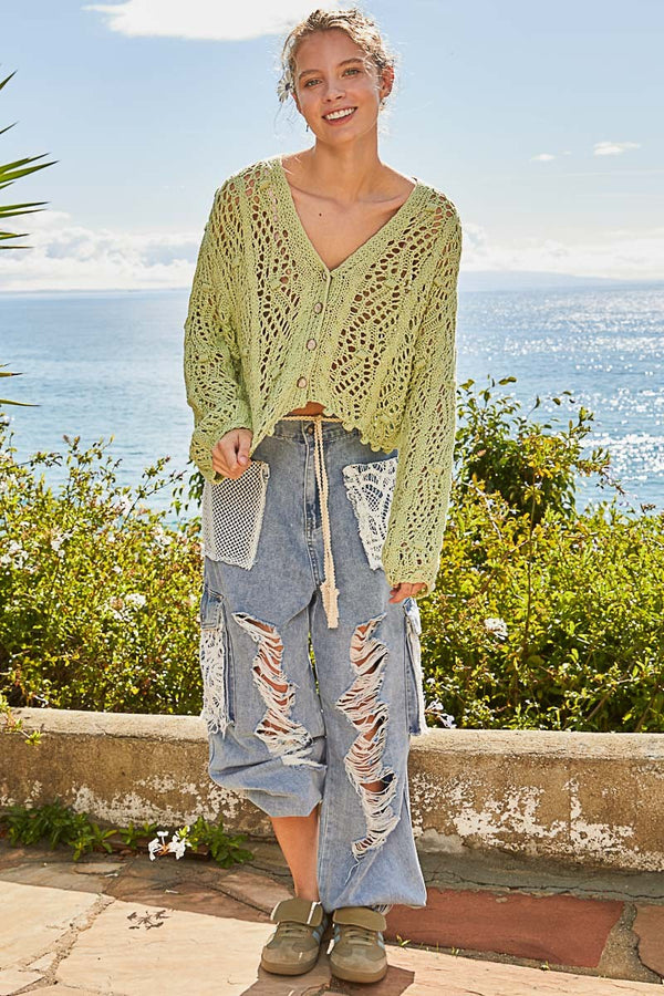 POL Oversized CROPPED Open Weave Cardigan in Baby Grass Cardigan POL Clothing   