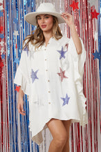 Load image into Gallery viewer, Peach Love Rhinestone Star Oversized Gauze Shirt in White/Red/Blue Shirts &amp; Tops Peach Love California   
