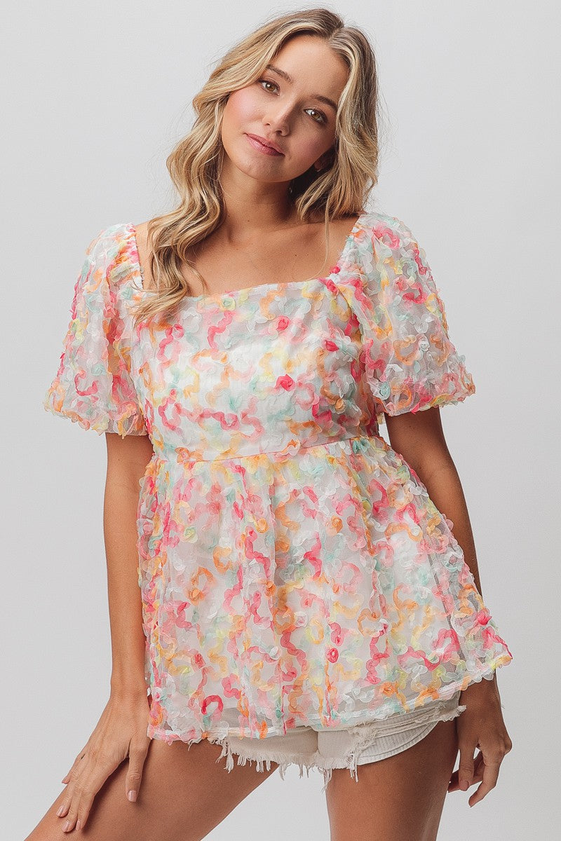 BiBi Multi Colored Flower Peplum Top in Coral/Apricot – June Adel