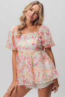 BiBi Multi Colored Flower Peplum Top in Coral/Apricot Shirts & Tops BiBi   