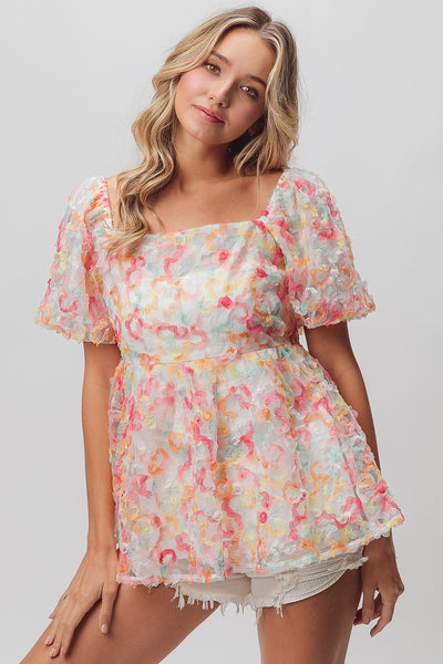 BiBi Multi Colored Flower Peplum Top in Coral/Apricot – June Adel