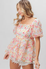 Load image into Gallery viewer, BiBi Multi Colored Flower Peplum Top in Coral/Apricot Shirts &amp; Tops BiBi   
