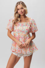 Load image into Gallery viewer, BiBi Multi Colored Flower Peplum Top in Coral/Apricot Shirts &amp; Tops BiBi   
