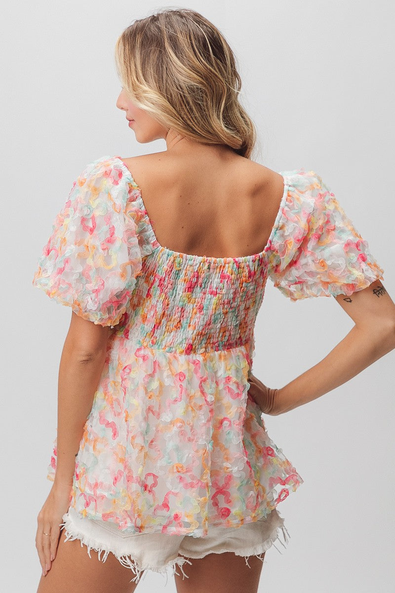 BiBi Multi Colored Flower Peplum Top in Coral/Apricot – June Adel