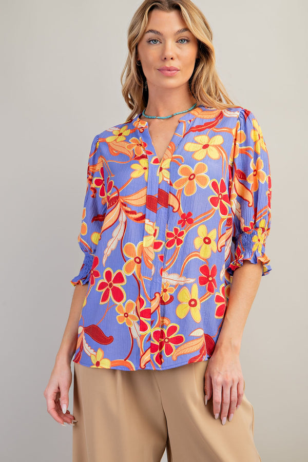 Easel Peach Blossom Floral Print Top in Lilac Blue Shirts & Tops Easel   