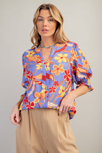 Easel Peach Blossom Floral Print Top in Lilac Blue Shirts & Tops Easel   